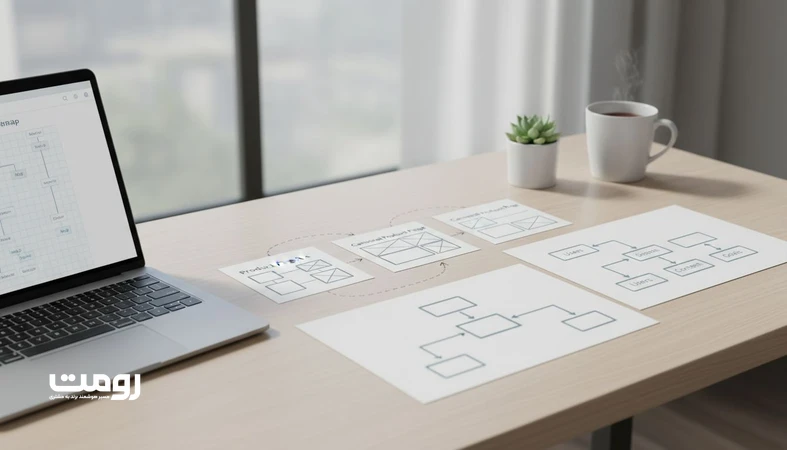 نمایی از وایرفریم و نمودار معماری سایت برای مدیریت صفحه‌های هم‌معنا و جلوگیری از هم‌پوشانی موضوعی در معماری محتوا