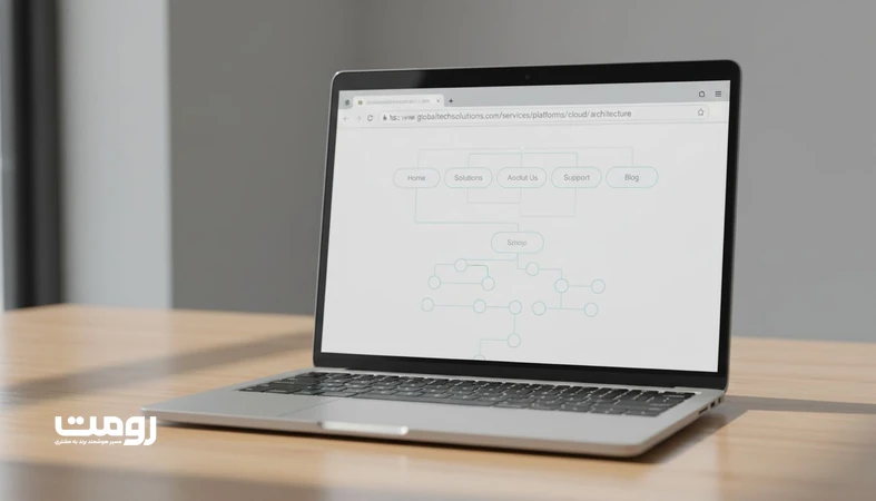 تصویر مینیمال از نمودار معماری سایت و نوار آدرس مرورگر با URLهای استاندارد و پایدار برای سئو و توسعه سایت