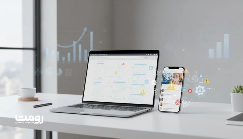 تصویر یک لپ تاپ با نقشه سایت و وایرفریم که نشان می‌دهد وب سایت دارایی پایدار برند است و پلتفرم‌ها با تغییر الگوریتم بی‌ثبات‌اند