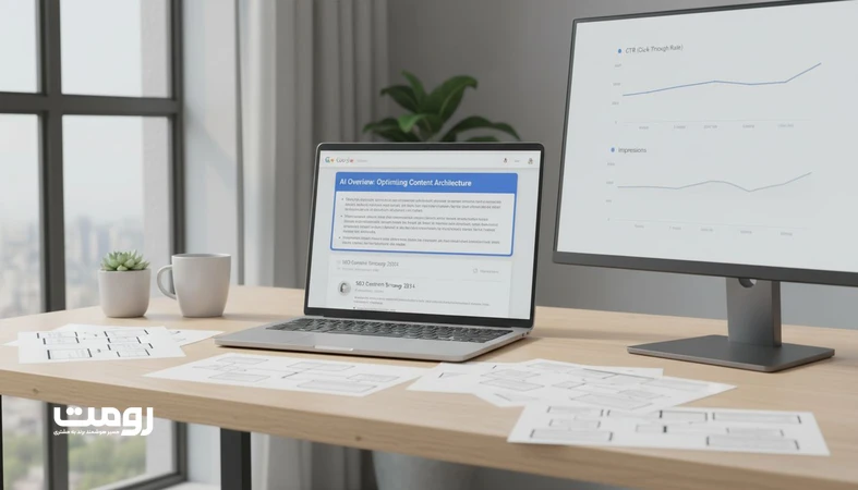نمایی از نتایج جستجوی گوگل با AI Overviews و نمودارهای CTR و Impression برای توضیح استراتژی منبع شدن و افت کلیک
