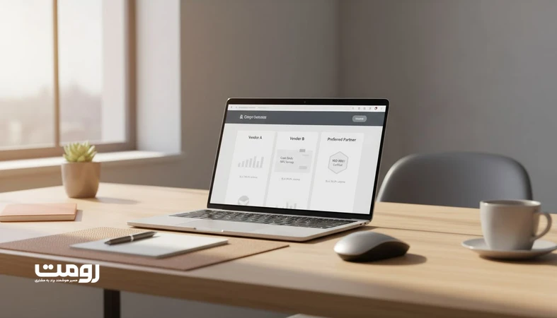 مقایسه وب سایت تامین کنندگان توسط مدیر خرید؛ تصویرسازی از برندینگ B2B با لحن رسمی، مستندات و سیگنال های اعتماد دیجیتال