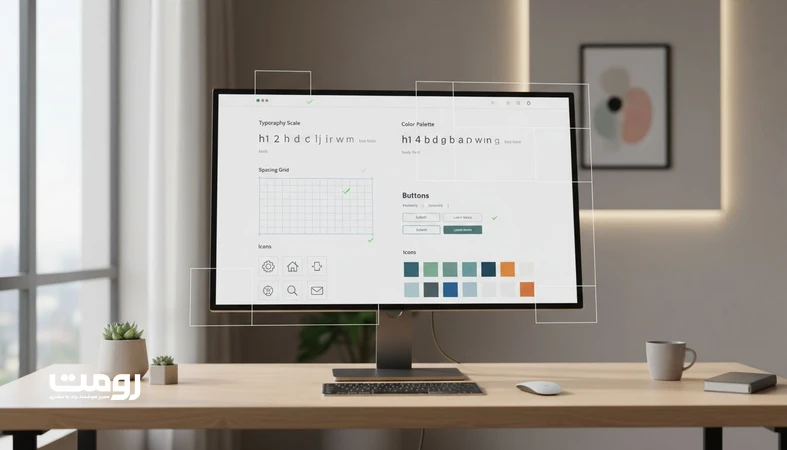 نمایی از راهنمای سبک رابط کاربری و کنترل کیفیت برای انسجام جزئیات برند در طراحی سایت (تایپوگرافی، فاصله‌ها، رنگ و کامپوننت‌ها)