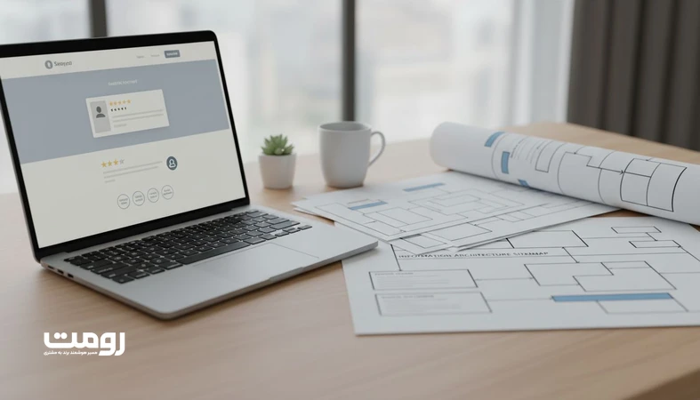 نمایی از رابط کاربری سایت همراه با وایرفریم و نقشه معماری اطلاعات که لایه های اعتماد برند و نشانه های اعتبار در دارایی های دیجیتال را نشان می دهد