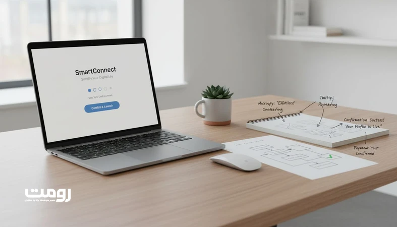 تصویر میز کار طراح UX با وایرفریم و رابط کاربری که شفافیت در تجربه کاربر و حذف ابهام قبل از شکل گیری سوال را نشان می دهد