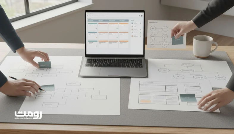 نمایی از سیستم حاکمیت محتوا و معماری سایت برای تیم چندنویسنده شامل نقشه دسته ها، برچسب ها و جریان تایید انتشار