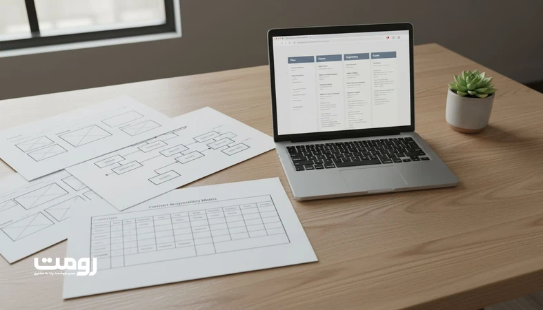 نقشه مسئولیت تولید محتوا بر اساس معماری اطلاعات با نمودار سایت‌مپ و ماتریس تقسیم کار صفحات ستون، خوشه، پشتیبان و راهنما