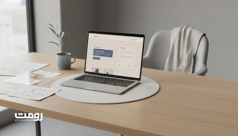 تصویر یک وب سایت روی لپ تاپ در کنار وایرفریم ها که نشان می دهد جایگاه یابی دیجیتال چگونه ادراک مخاطب از برند را شکل می دهد