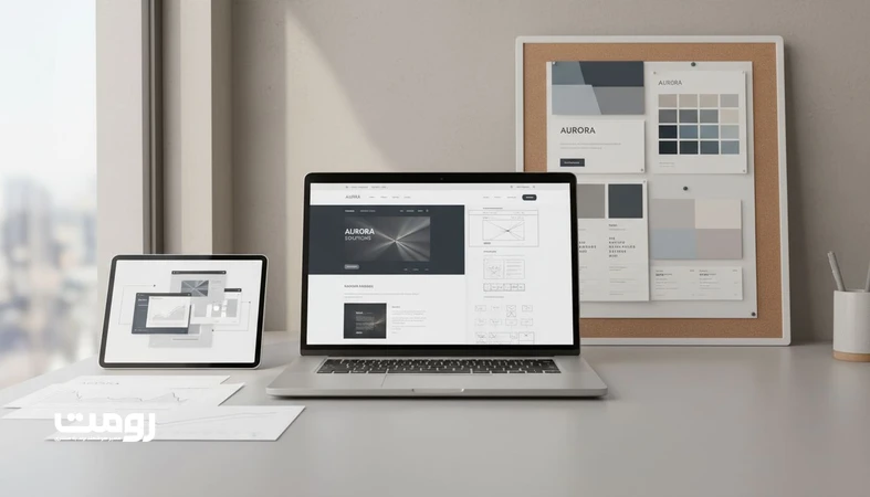 میز کار طراح با نمایش رابط سایت و وایرفریم ها برای ری‌برندینگ دیجیتال، نشان دهنده تصمیم بین به روزرسانی و تغییر هویت برند