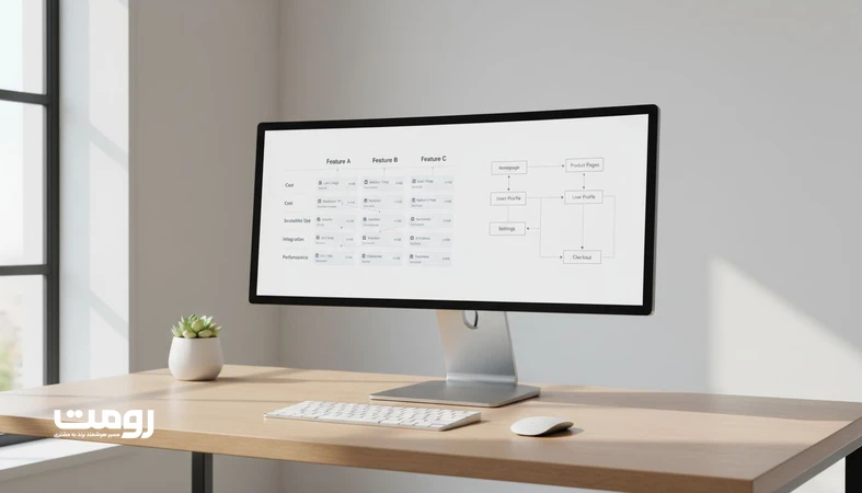 نمایی از جدول مقایسه و وایرفریم معماری اطلاعات برای تصمیم های مقایسه ای با نمایش هم سطح ویژگی ها و گزینه ها