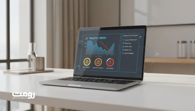 داشبورد پایش ریسک جریمه محتوای ماشینی با نمایش افت ناگهانی ترافیک و سیگنال های کیفیت و تکرار محتوا