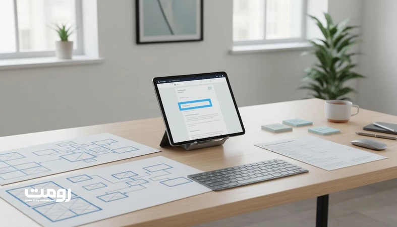 تصویر مینیمال از وایرفریم و نقشه معماری اطلاعات همراه با برچسب مسئول صفحه برای توضیح استاندارد مالکیت صفحات و حکمرانی محتوا