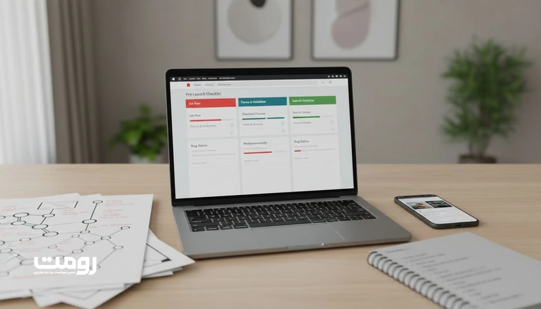 تصویر میز کنترل کیفیت برای استاندارد تست قبل از انتشار سایت با چک لیست، وایرفریم و بررسی نسخه موبایل و شاخص های عملکرد