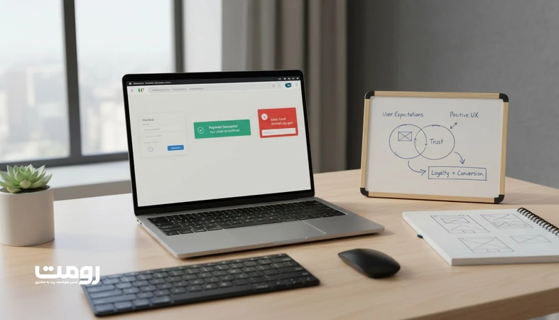 تصویر مفهومی از طراحی پیش بینی پذیری در تجربه تعامل با نمایش وضعیت های بارگذاری، خطا و تایید برای افزایش اعتماد کاربر