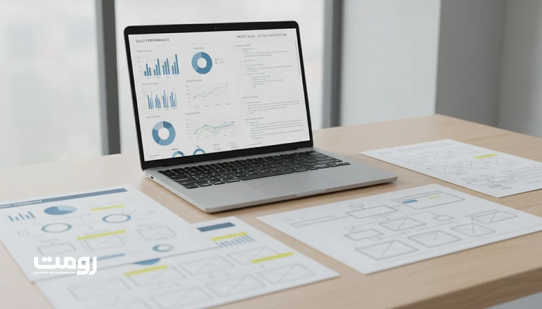 نمایی از داشبورد گزارش و صفحه مستندات روی لپ تاپ برای نشان دادن ارزش محتوای مستند روی سایت در عصر هوش مصنوعی