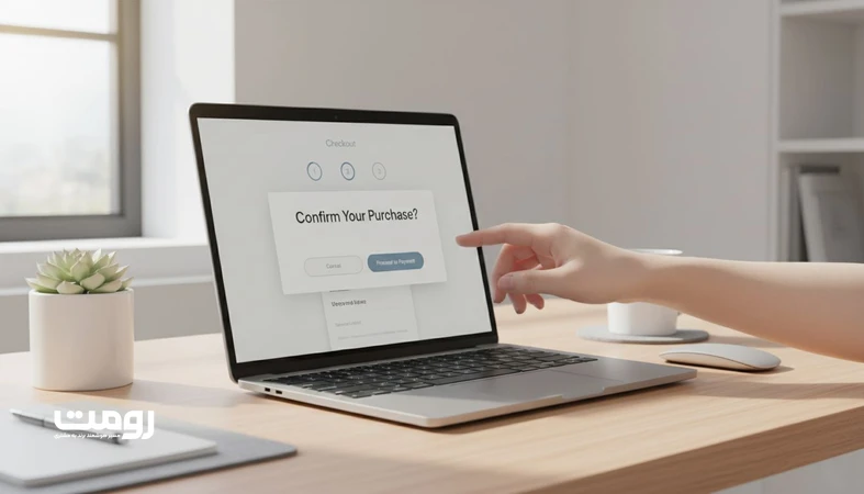 تصویر یک رابط کاربری مینیمال از مسیر پرداخت با نمایش مراحل و تایید قبل از اقدام، مرتبط با حس کنترل در تجربه کاربر