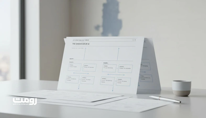 تصویر مینیمال از وایرفریم و نمودار معماری محتوای سریالی شامل صفحه هاب، فصل‌ها و اپیزودها با ناوبری عمودی و افقی