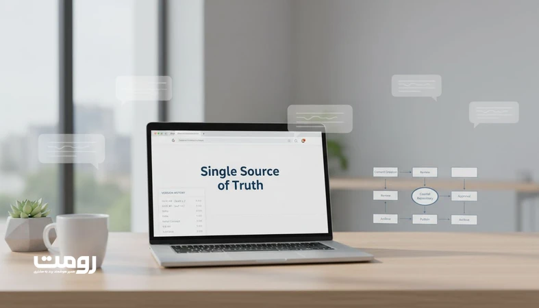 نمایی مینیمال از داشبورد وب سایت به عنوان منبع واحد حقیقت با تاریخچه نسخه ها و زمان بندی، در کنار اشاره به پاسخ های متعدد هوش مصنوعی