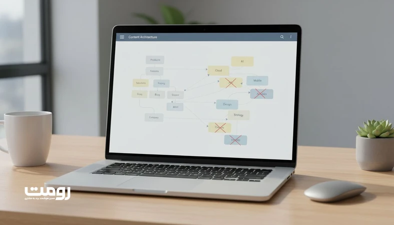 نمایی مینیمال از داشبورد معماری محتوا با دسته‌بندی منظم و برچسب‌های پراکنده که مفهوم قوانین ساخت Tag و جلوگیری از هرج‌ومرج را نشان می‌دهد