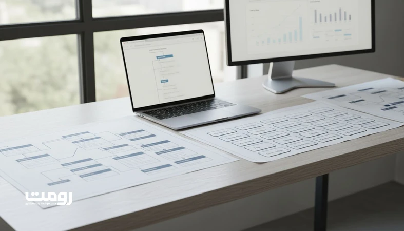 تصویر میز کار مینیمال با نمودار معماری اطلاعات و نقشه دسته ها و برچسب ها برای Taxonomy Audit سایت