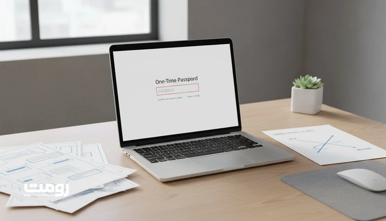 نمای نزدیک از رابط کاربری تایید هویت و ورود با کد یکبار مصرف روی لپ تاپ، همراه وایرفریم و نمودار تعادل امنیت و تجربه کاربری