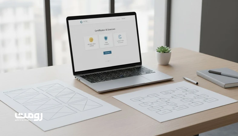 معماری گواهی ها و مجوزها در ساختار سایت با نمایش کارت های اعتبار و نمودار معماری اطلاعات برای افزایش اعتماد کاربر