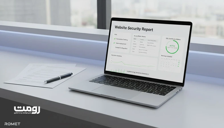 نمایی مینیمال از گزارش امنیتی سایت شامل چک لیست دسترسی ها، وضعیت SSL، سیاست بکاپ و مانیتورینگ برای تحویل پروژه