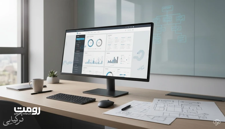 تصویر یک داشبورد وب سایت با وایرفریم و نمودار معماری اطلاعات که تبدیل نقش وب سایت به دارایی استراتژیک در عصر هوش مصنوعی را نشان می دهد